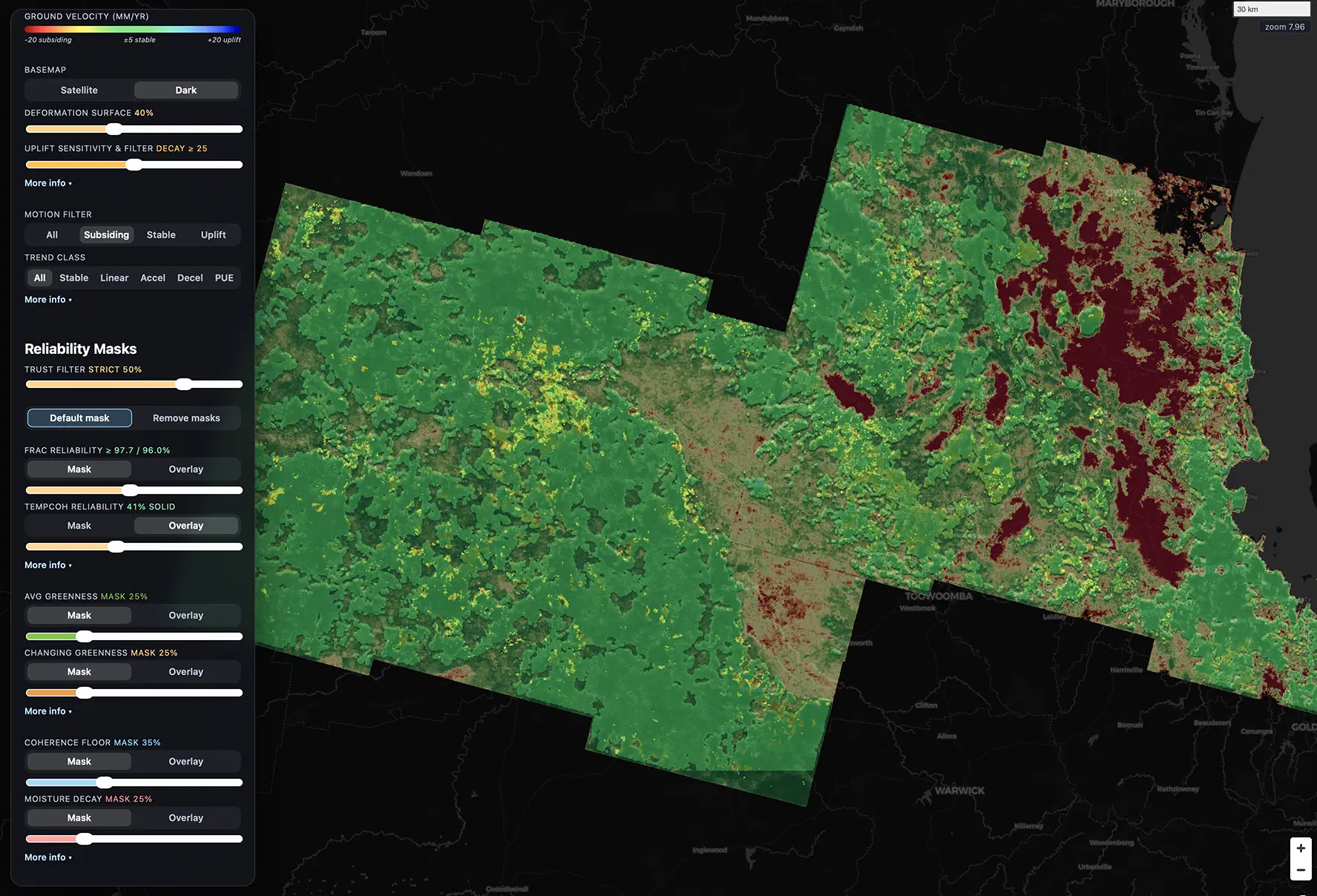 The earthlens InSAR viewer: reliability masks, greenness and coherence overlays, and the trust dial sweeping the Surat Basin and Southeast Queensland ground deformation map